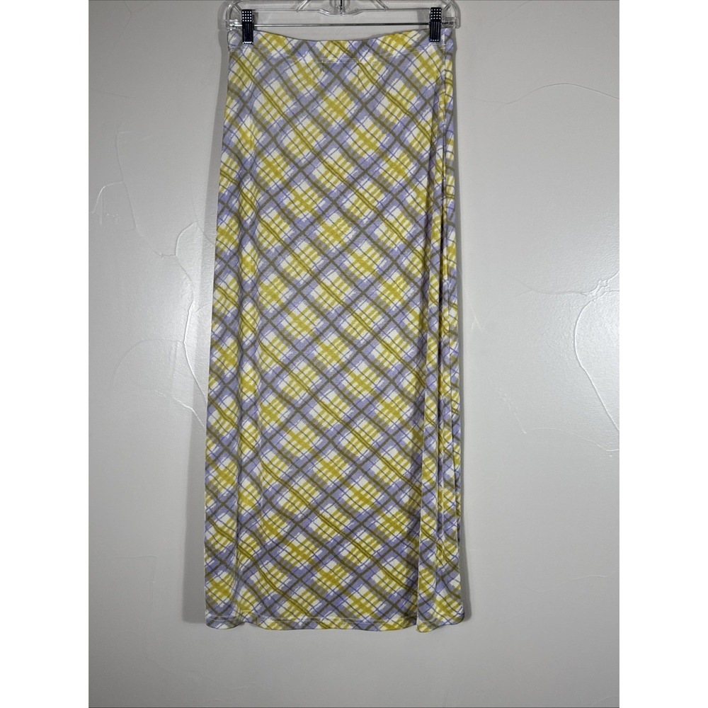 Maxi Nylon Skirt By outlander Purple Yellow Plaid Slinky Small‎ 28" Waist - Picture 3 of 7